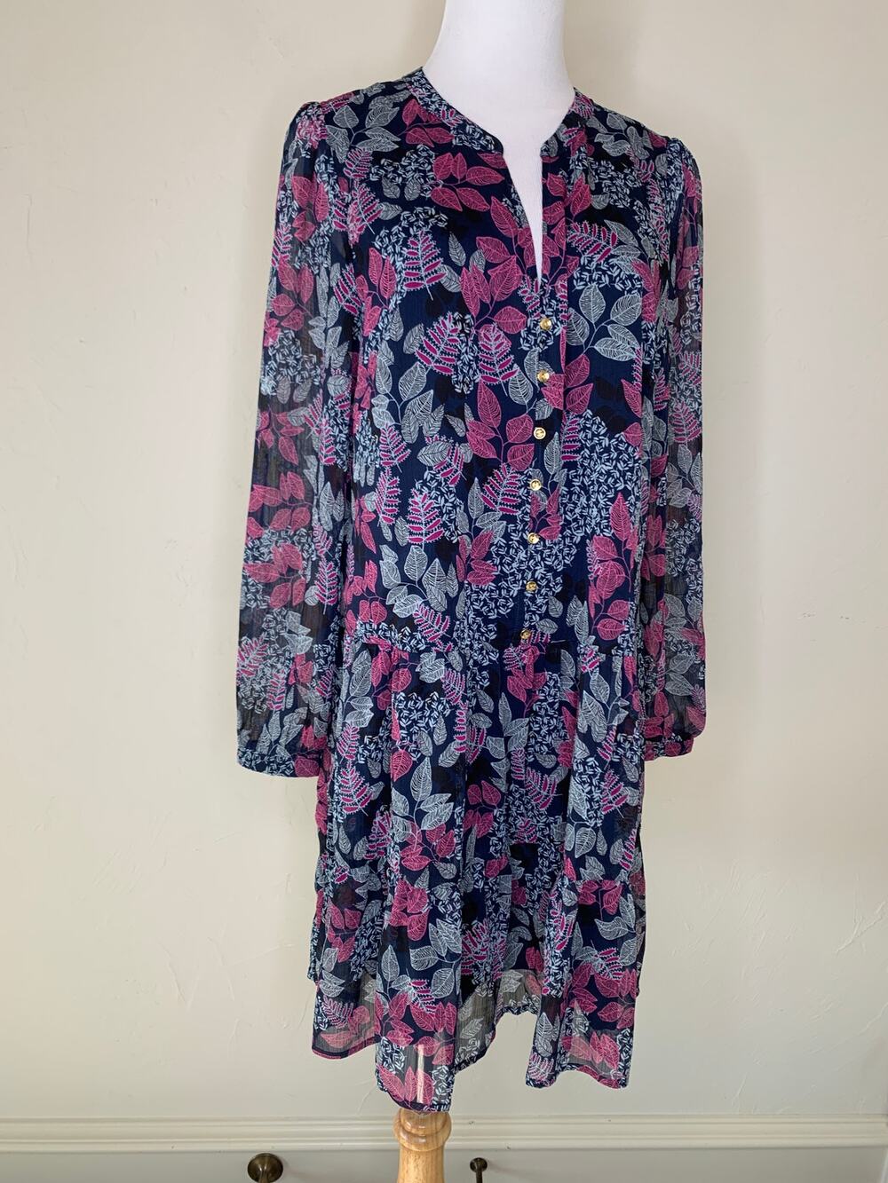 LOFT Blue Pink Leaf Print Drop Waist Dress Long Sleeve BOHO Sz Medium